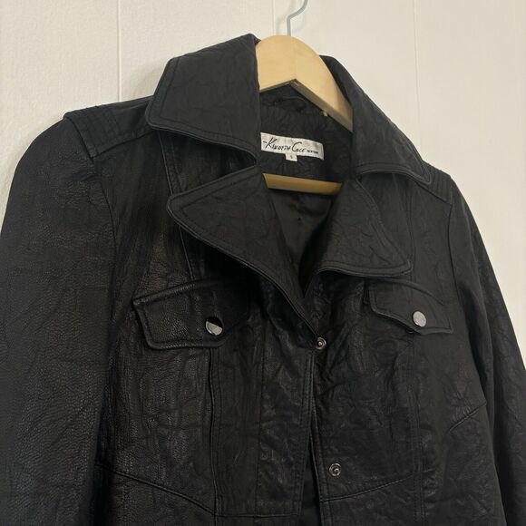 Kenneth Cole Genuine Leather Jacket Women's Small Black Button Biker Classic 90s - Picture 4 of 12